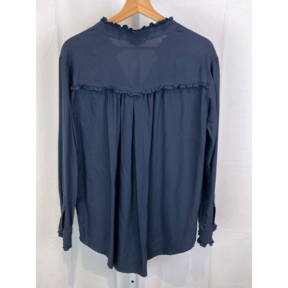 SUNDANCE  Size S Ruffle Button Down Shirt V Neck Tunic Long Sleeve Viscose Blue - Picture 2 of 9